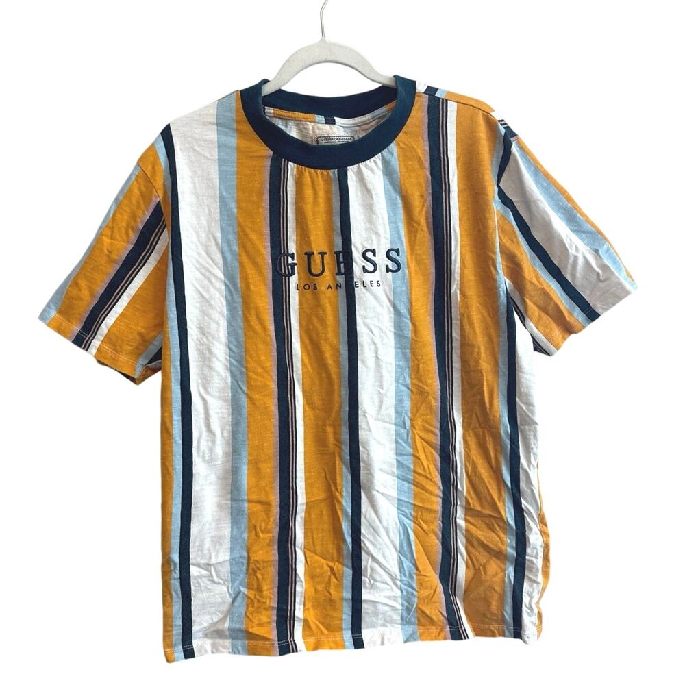 Vintage Guess Striped T-Shirt Yellow Blue Size Medium